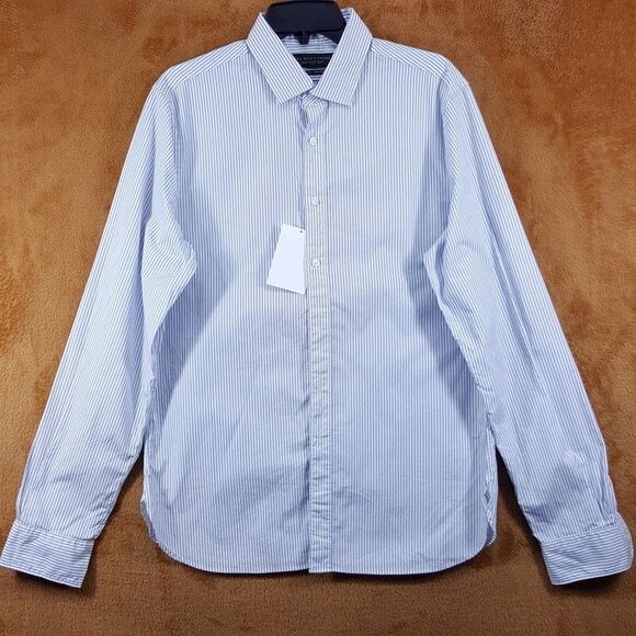 BLOOMINGDALES Mens Shirt XL White Blue Stripe Button Up Slim Fit Stretch - Picture 1 of 7